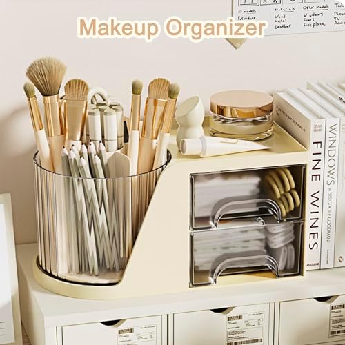 SAYEEC Rotating Desk Organizer with 2 Drawer, 6 Slots Multi-Functional Pencil Pen Holder, Desktop Makeup Organizer Stationery Accessories Storage Box Caddy for Office School Home Art Supplies (Beige) - Image 6