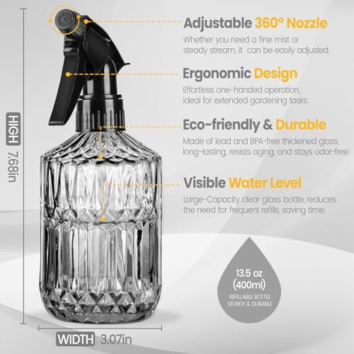 Plant Mister Spray Bottle, 13.5 oz Leak Proof Glass Spray Bottle for Inside Plants, Succulents, Herbs, Cleaning, Hair Care, Refillable Fine Mist Sprayer with Adjustable Mist Nozzle (Grey) - Image 2