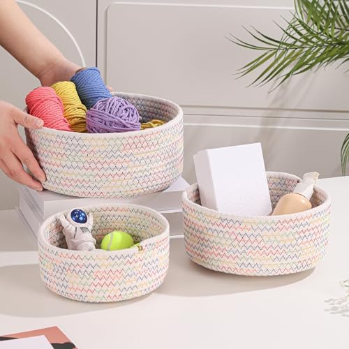 Small Basket Cotton Rope Woven Baskets for Organizing Cute Mini Tiny Baskets for Nursery Decorative Boho Round Storage Bathroom Organization Bin Open Storage Bins (Colorful white) - Image 4