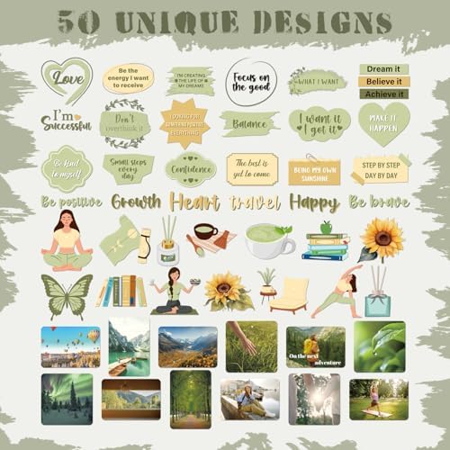 Green Vision Board Stickers - 50 Pcs Travel Planner Waterproof Supplies Kit for Adults Women Girls Forest Tree Inspirational Aesthetic Mental Health Decals for Kindle Book Scrapbooking Journal - Image 4