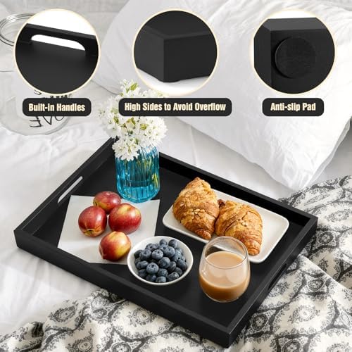 17 Inch Wood Serving Tray with Handles - Large Wooden Tray for Ottoman, Breakfast in Bed, Dinner, Coffee Table - Black Rectangular Tray for Living Room Bedroom Entryway and Kitchen - Image 4