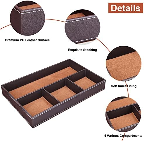 GORESE 2 Pieces Faux Leather Valet Tray for Men, Stackable Jewelry Trays for Drawers, Mens Dresser Top Organizer for Key, Wallet, Sunglass, Watch, Coin, Phone, Nightstand Bedside Tray Brown - Image 4