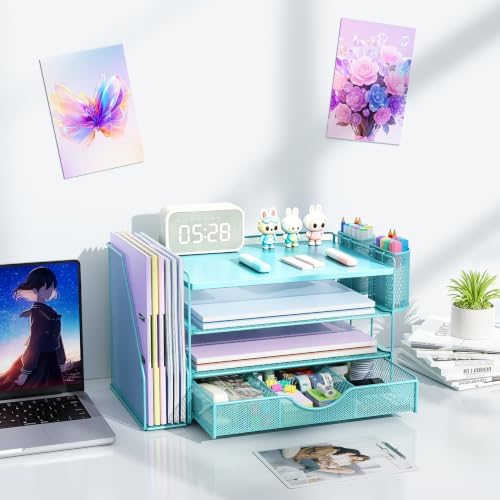 gianotter Wood Desk Organizers and Accessories with File Holder, 4-Tier Desk Accessories & Workspace Organizers with Drawer and 2 Pen Holder, Desk Reference Organizer (Blue, 4T with Metal Drawer) - Image 6