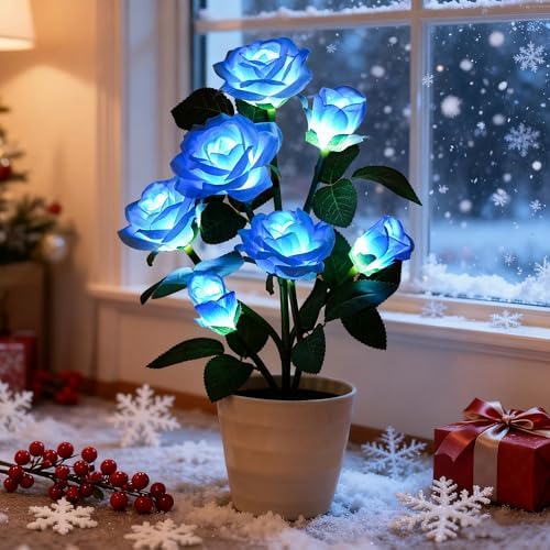 Blue Rose Flower Lamp Romantic Floral Table Decor Gifts for Women Mom by Hibeauti