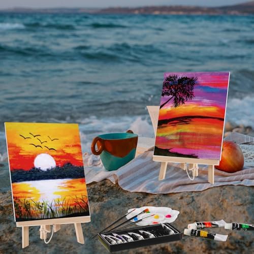 Ctosree 72 Pcs Vivid Sunset Paint and Sip Kit for Adults 8'' x 10'' Pre Drawn Canvas for Painting DIY Pre Printed Canvas for Party Favor Acrylic Painting Kit Wood Easel Brushes Date Night Bulk - Image 5