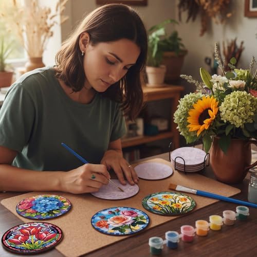 Reallnaive 8 Pcs Flower Paint by Numbers Kit for Adults Wood Floral Coaster - Image 6