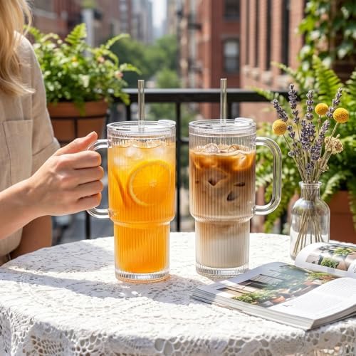 INSETLAN 24 oz Ribbed Glass Tumbler with Handle & Lid – 4-Pack Large Iced Coffee Cups with Straws, Modern Glass Mug for Cold & Hot Beverages, Aesthetic Travel Cup for Smoothies, Tea, and Juice - Image 3