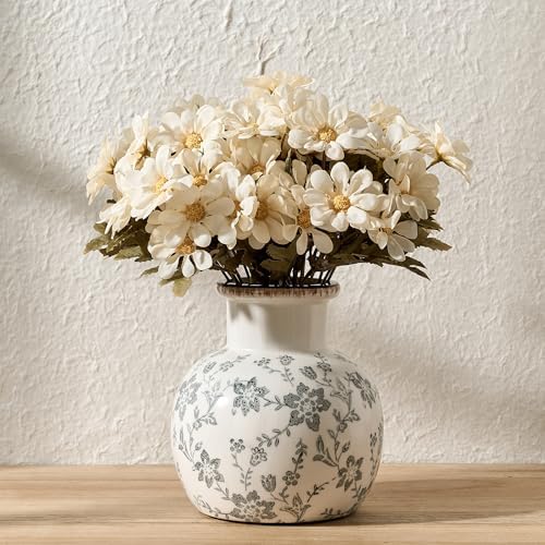 SIDUCAL Ceramic Vintage Vase, 5.91 Inch Retro Ice Cracked Chinoiserie Floral Vase, Rustic Farmhouse Vases for Home Decor, Bookshelf, Garden, Chinoiserie Decor, Tuscan Decor, Gray Floral Pattern by SIDUCAL