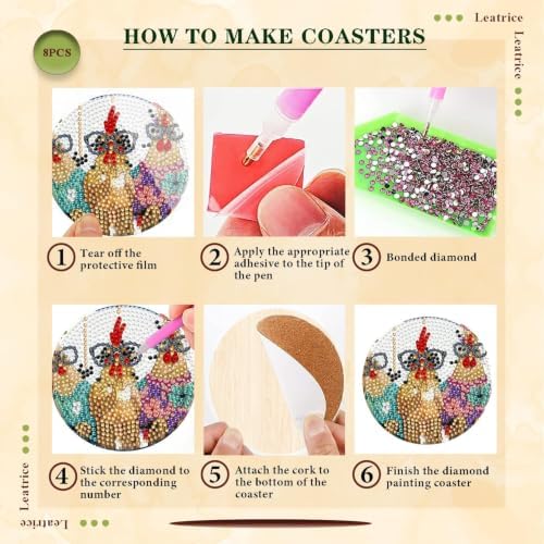Leatrice 8 Pcs Diamond Art Coasters Small Diamond Painting Kits for Adults - Image 3