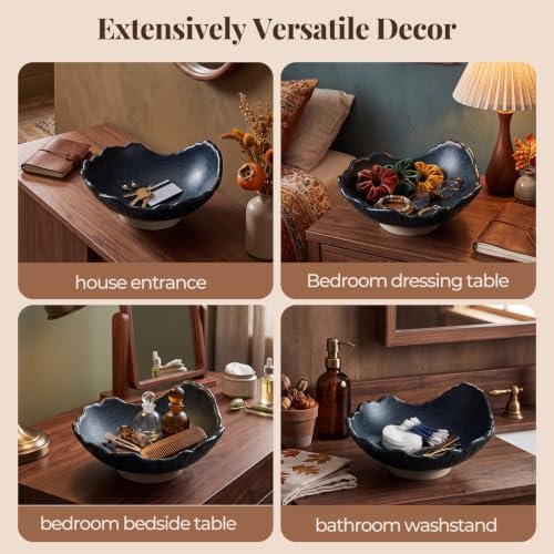 6" Ceramic Decorative Bowl Irregular Rim Key Tray, Navy Blue - Image 3