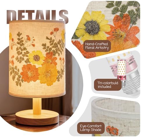 Artisan Crafted Floral Pressed Nightstand Lamp - Handmade Vintage Table Light with Adjustable Warm Glow for Bedroom, Office, or Living Room Decor (Yellow) - Image 3