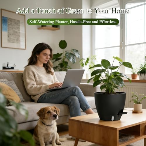 Self Watering Pots with Drainage Holes, 2 Pack 10 Inch Plant Pots with Water Level Indicator Deep Reservoir, Large Plastic Planter for Indoor Outdoor Plants - Black - Image 5