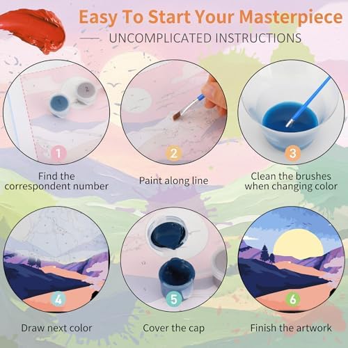 Novabright 4 Sets Paint by Numbers for Adults Beginners Landscape Paint Kit Framed Colorful Mini Easy Art with Canvas Acrylic Paints Brushes Board Sunset Lake Mountains for DIY Crafts Home Wall Decor - Image 4