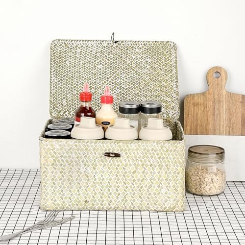 Hipiwe Wicker Shelf Baskets Bin with Lid, Large Seagrass Basket Storage Box - Image 7