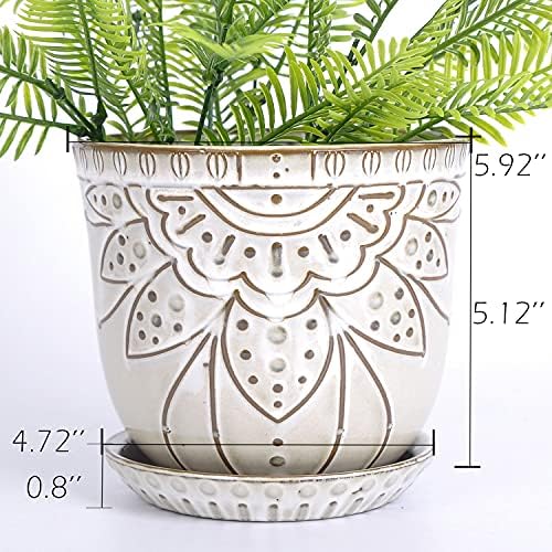 VanEnjoy 5.9 inch Round Bohemian Style Ceramic Planter, Geometry Engrave Off White Brown Planter Flower Pot, Indoor Outdoor Decorative Planter - Image 2