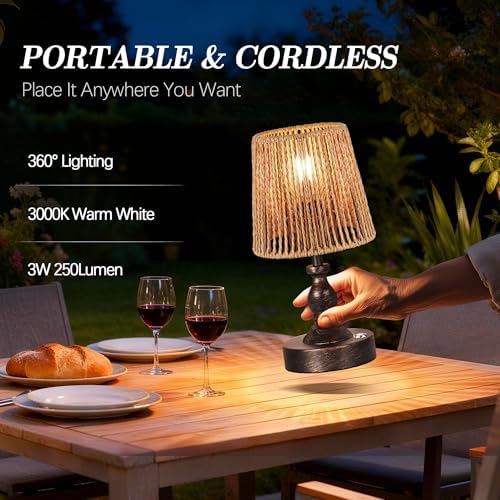 PARTPHONER Mini Cordless LED Table Lamp, 5200mAh Rechargeable Battery Operated Lamp, 3-Level Brightness, Touch Dimmable Desk Lamp, Bedside Night Light with Rattan Shade, Oil Rubbed Bronze - Image 4
