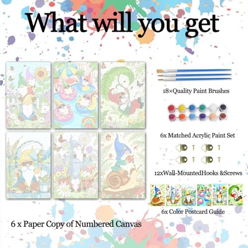 Tucocoo 6 Pack Gnome Paint by Numbers Kits 8x12 inch Seasonal Gnome Scenery Painting for Adults Beginner DIY Oil Acrylic Pigment Dwarf in Spring Summer Drawing Paintwork Sets for Friends/Family Night - Image 2