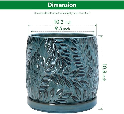 D'vine Dev Embossed Leaves Ceramic Planter, 10 in, Ocean Teal, 27-A-P-8 - Image 3