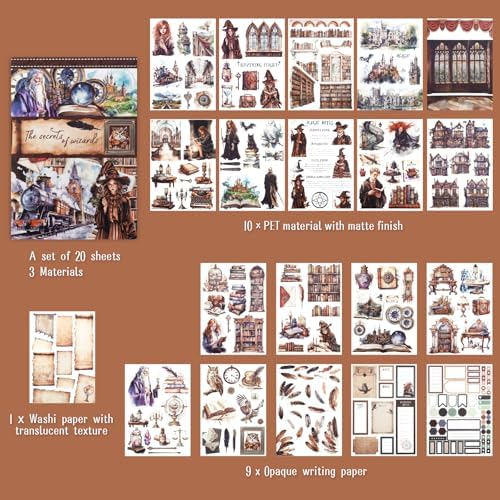 Pre-Cut Magic Sticker Book for Junk Journal, 20 Sheets Wizard Sticker Vintage Ephemera PET Washi Paper Materials for Scrapbooking, Journaling, Collage - Image 2