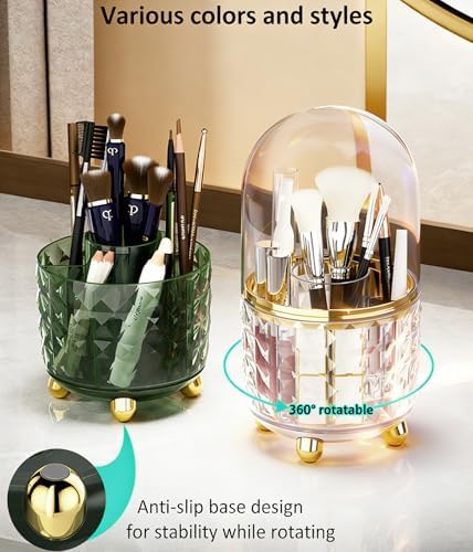 GOTOBA 360° Rotating Pencil Holder for Desk, Makeup Brush Holder with 6 Slots, Desk Organizer for Writing Utensil, Office and School Supplies (Clear with cover) - Image 3