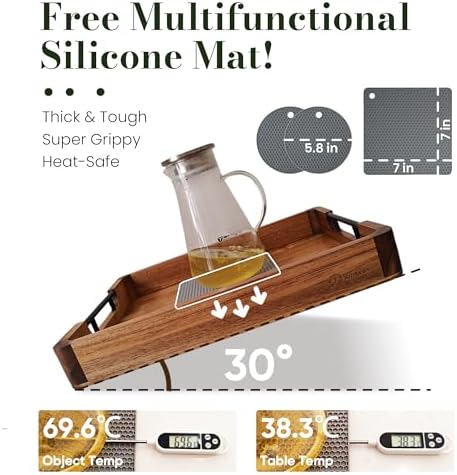 Wood Serving Tray with Handles, 17"x13" Large Decorative Ottoman Tray for Coffee Table, Walnut and Acacia Wooden Serving Trays for Party, Home Decor Rectangular Platters with 3 Silicone Mats - Image 5