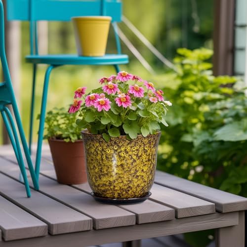 Ceramic Plant Pots - 5.6 Inch Planter with Drainage Hole and Saucer, Succulent Orchid Pots for Indoor Outdoor, Small Round Flower Pot, Room Window Office Decor, House Warming Gifts, Yellow - Image 4