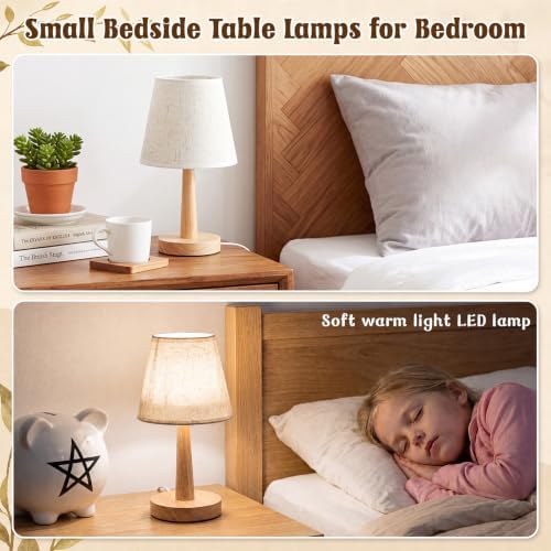 Gerrii 4 Pack Small Bedside Table Lamps, Linen Shade, Wood Base, USB Plug - Image 4
