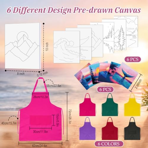 Cholemy 6 Set Paint and Sip Kit for Adults 8"x 10" Pre Drawn Canvas Painting with Wooden Easel Acrylic Paint Wash Cup Brushes Palette Apron for Painting DIY Adult's Date Party Supplies(Sunset Glow) - Image 3