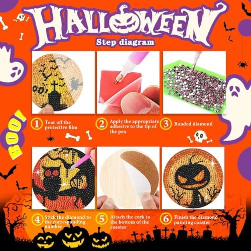 Leatrice 8 PCS Halloween Diamond Art Coasters Set with Holder 4 in - Image 3