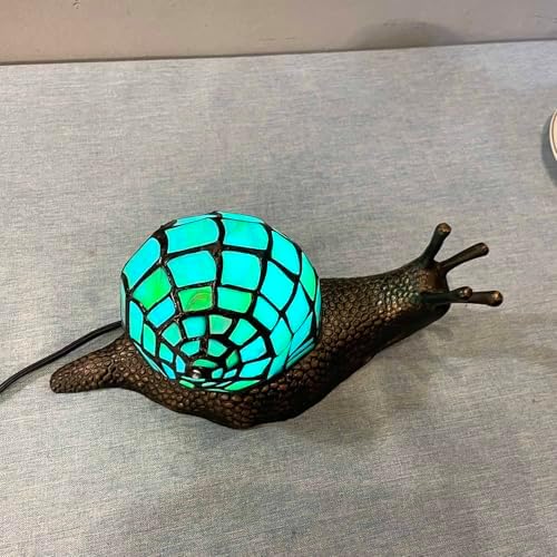Bieye L10975 Cyan Land Snail Tiffany Style Stained Glass Accent Table Lamp - Image 4