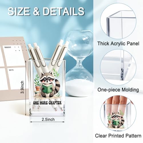 One More Chapter Acrylic Pencil Holder Cup, Book Lover Gifts for Women, Funny Reading Raccoon Desk Organizer and Accessories for Raccoon Lover Bookish Bookworms Readers, Pen & Bookmark Holder - Image 2