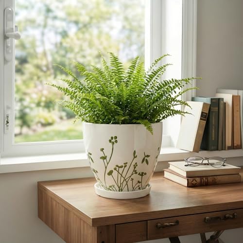 MPotTo Indoor Plant Pot 8.2 Inch - Ceramic Planter with Drainage Hole and Saucer, Boho Round Decorative Flower Pot for Indoor Outdoor Flowers, Plant Lover Gifts, Office Home Garden Patio Decor, White - Image 6
