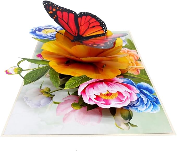 3D Pop Up Greeting Card – Vibrant Butterfly with Colorful Peony Flowers – Unique Card for Birthday, Mother’s Day, Anniversary & Special Occasions, F61