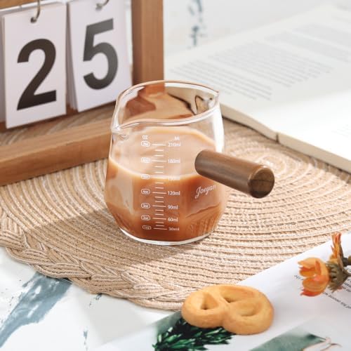Joeyan 7 oz Glass Measuring Cup with Double Spouts,Espresso Shot Glasses with Wood Handle,Diamond Shaped Espresso Cups,Clear Milk Frothing Pitcher for Coffee,Borosilicate Espresso Accessories - Image 6