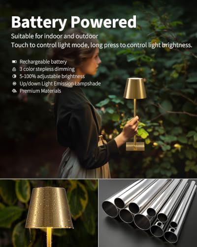 KDG 2 Pack Cordless Gold Table Lamps, Rechargeable Portable LED Desk Lamps - Image 4