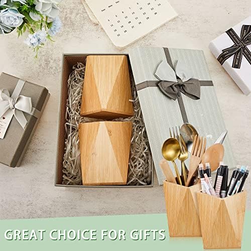 Henoyso 2 Pcs Bamboo Wood Pen Pencil Holder Geometric Pencil Cup Stand Makeup Organizer for Pen Holder Desk Home Office Adults(Bamboo) - Image 6