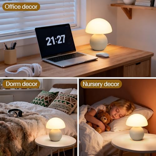 Cute Small Mushroom Lamp Decor,USB-Plug in Bedside Table Lamps with 3-Temperature LED Bulb Dimmable,Modern Aesthetic Home Decor for Livingroom/Bedroom/Dorm/Nursery (White with Plug) - Image 4