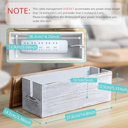 Large Cable Management Box, White Washed Wood Cord Organizer Box for Desk, Floor, Office to Hide Extension Cords Power Stripes Surge Protectors Chargers Wires - Image 2