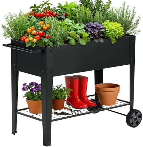31.5" Tall Elevated Mobile Raised Garden Bed with Wheels and Shelf by FOYUEE