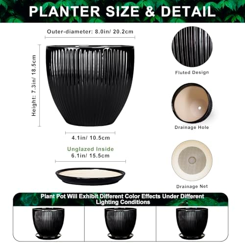 8 Inch Plant Pot, Ceramic Planter with Drainage Hole and Saucer, Modern Planters for Indoor Plants, Indoor Planter, Decorative Round Flower Pot, Apartment Decor, Plant Lover Gifts, Black - Image 2