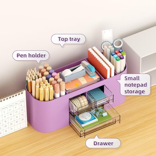 Marbrasse Pen Holder for Desk with 3 Drawers, Multi-Functional Pencil Holder, Desk Organizers and Accessories with 7 Compartments for Home, School, Classroom (Purple) - Image 2