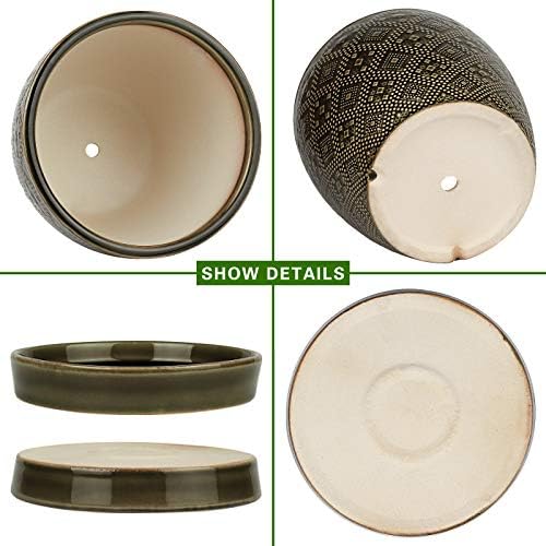 Docrin Dark Green Ceramic Planter Set - 6.6"+5.5" Indoor Outdoor Pots with Drainage Holes & Saucers for Home Office Decor - Image 3