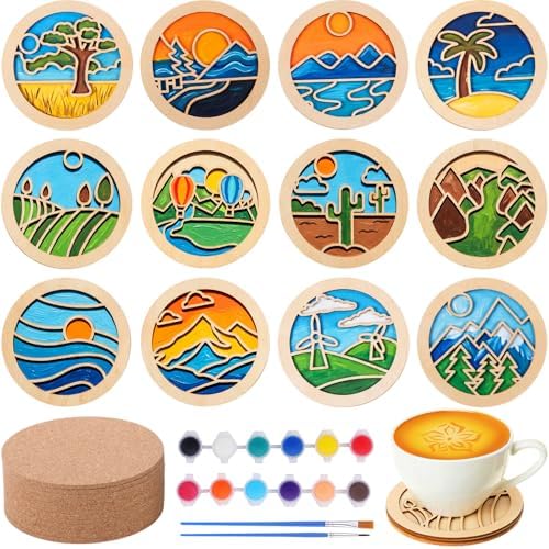 Reallnaive Wood Coasters Painting Kit DIY Craft, 12 Pcs, Landscape by Reallnaive