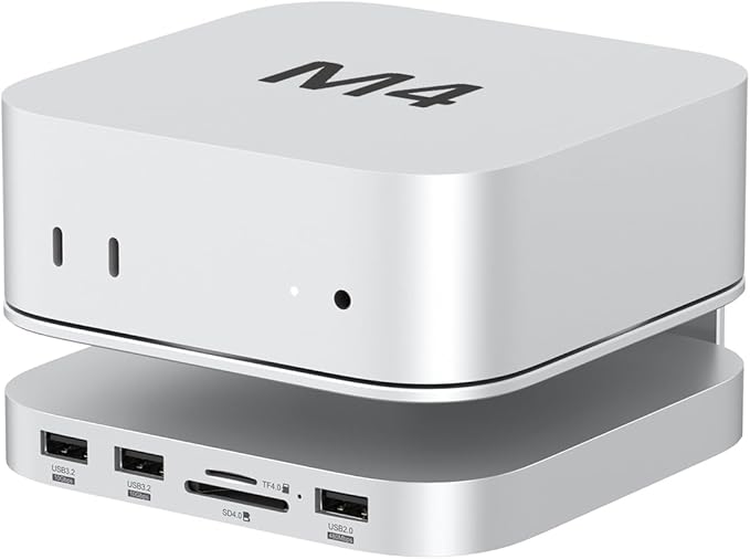 Akyyajaure Mac mini Hub: 9 in 1 Aluminum Stand & Dock for Mac mini M4 Pro with M.2 NVMe SSD Enclosure, 10Gbps USB-A*2, SD/TF Card Readers, USB 2.0