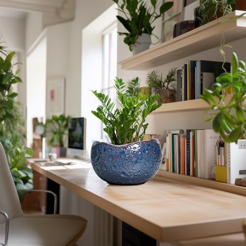 10 Inch Plant Pot - Ceramic Planter for Indoor Outdoor, Round Bonsai Pots, Decorative Flower Pots with Drainage Hole, Modern Unique Planters, House Decor, Home Gifts, Retro Blue - Image 5