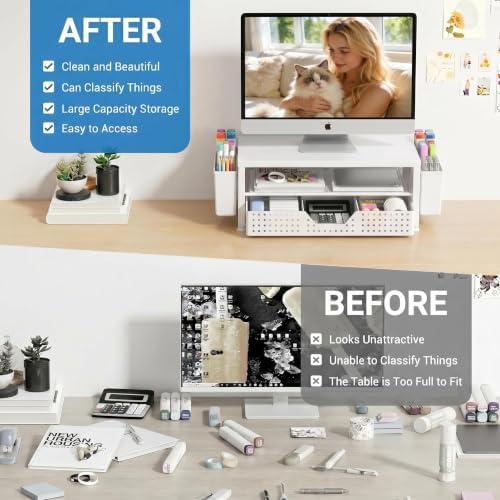 OPNICE Desk Organizers and Accessories, Computer Monitor Stand Riser with Drawer and 2 Pen Holders, Printer & Laptop Stand, Office Desk Accessories & Workspace Organizers for Home Office Supplies, White - Image 2