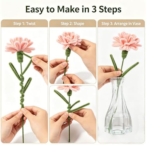 Lymoc DIY Flower Bouquet Kit with 2 Glass Vases, 600PCS Pipe Cleaners Craft Kit, 13 Colors Chenille Stems for Flower Making, Handmade Gift Kit for Girls,Teens&Adults, DIY Crafts & Home Decor - Image 2