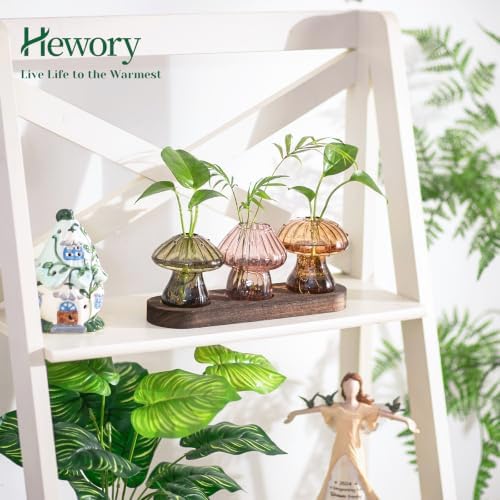 Hewory Plant Propagation Stations: 3PCS Amber Mushroom Vase with Wood Tray - Image 3