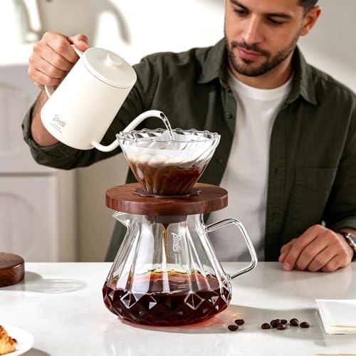 Bincoo Pour Over Coffee Maker&Dripper, Style Cone Filter + 600ml Glass Coffee Server, Manual Coffee Brewer Set, Reusable Coffee Filter Holder, Great Gift for Coffee Enthusiasts（Clear） - Image 2