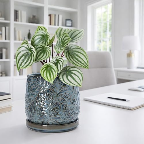 D'vine Dev Embossed Leaves Ceramic Planter, 6 in, Ocean Teal, 27-A-X-8 - Image 7